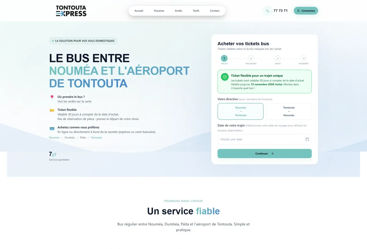 Accueil Tontouta Express avec formulaire d’achat de billets de bus